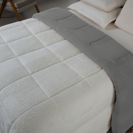 Coberdrom Casal Cinza Dupla Face em Manta Soft com Sherpa Carneiro