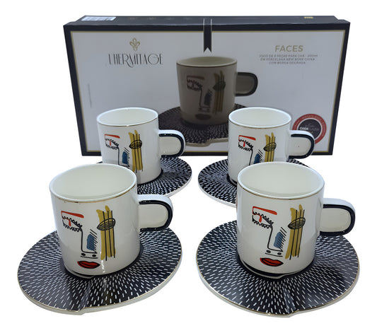Jogo 4 Xícaras de Chá com Pires em Porcelana Faces Branco L’Hermitage