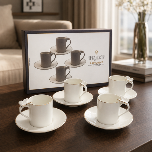 Jogo com 4 Xícaras de Café com Pires em Porcelana Ramoudie L’Hermitage