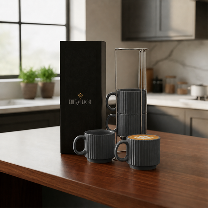 Jogo de 4 Xícaras para Chá e Café em Cerâmica Cinza 170ml com Suporte – L’Hermitage