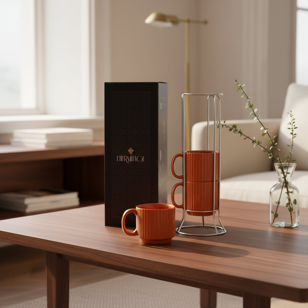 Jogo 4 Xícaras Chá e Café Porcelana Marron com Suporte – L’Hermitage