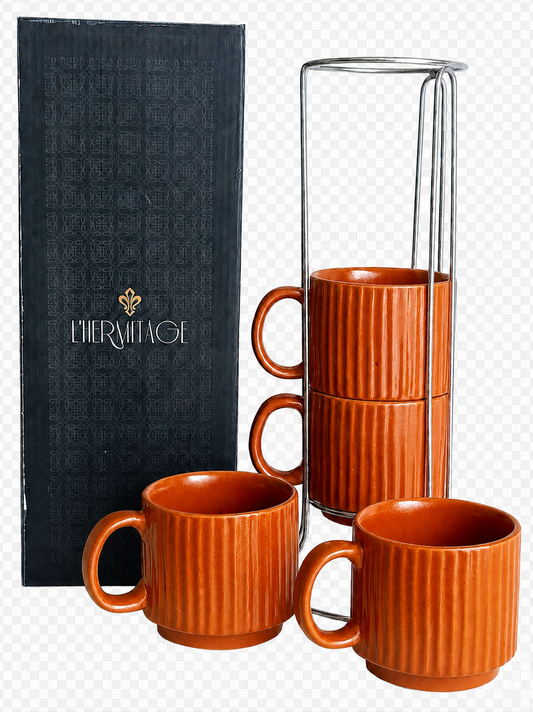 Jogo de 4 Xícaras Empilháveis em Cerâmica Terracota com Suporte 170ml – L’Hermitage