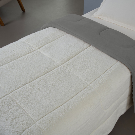 Coberdrom Solteiro Cinza Dupla Face em Manta Soft com Sherpa Carneiro