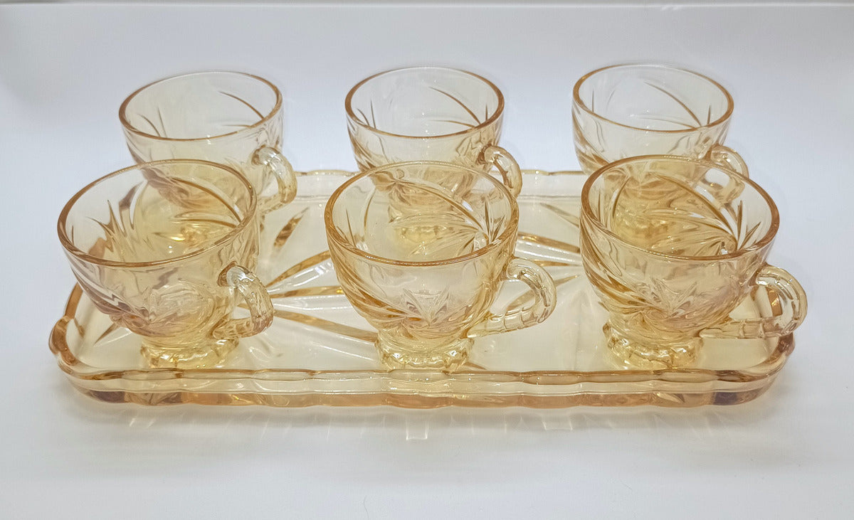 Jogo 6 Xícaras 200ml com Bandeja em Vidro Âmbar