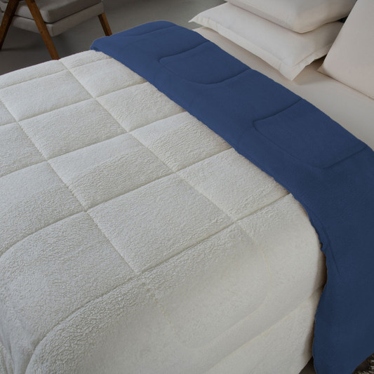 Coberdrom King Azul Marinho Dupla Face em Manta Soft com Sherpa Carneiro