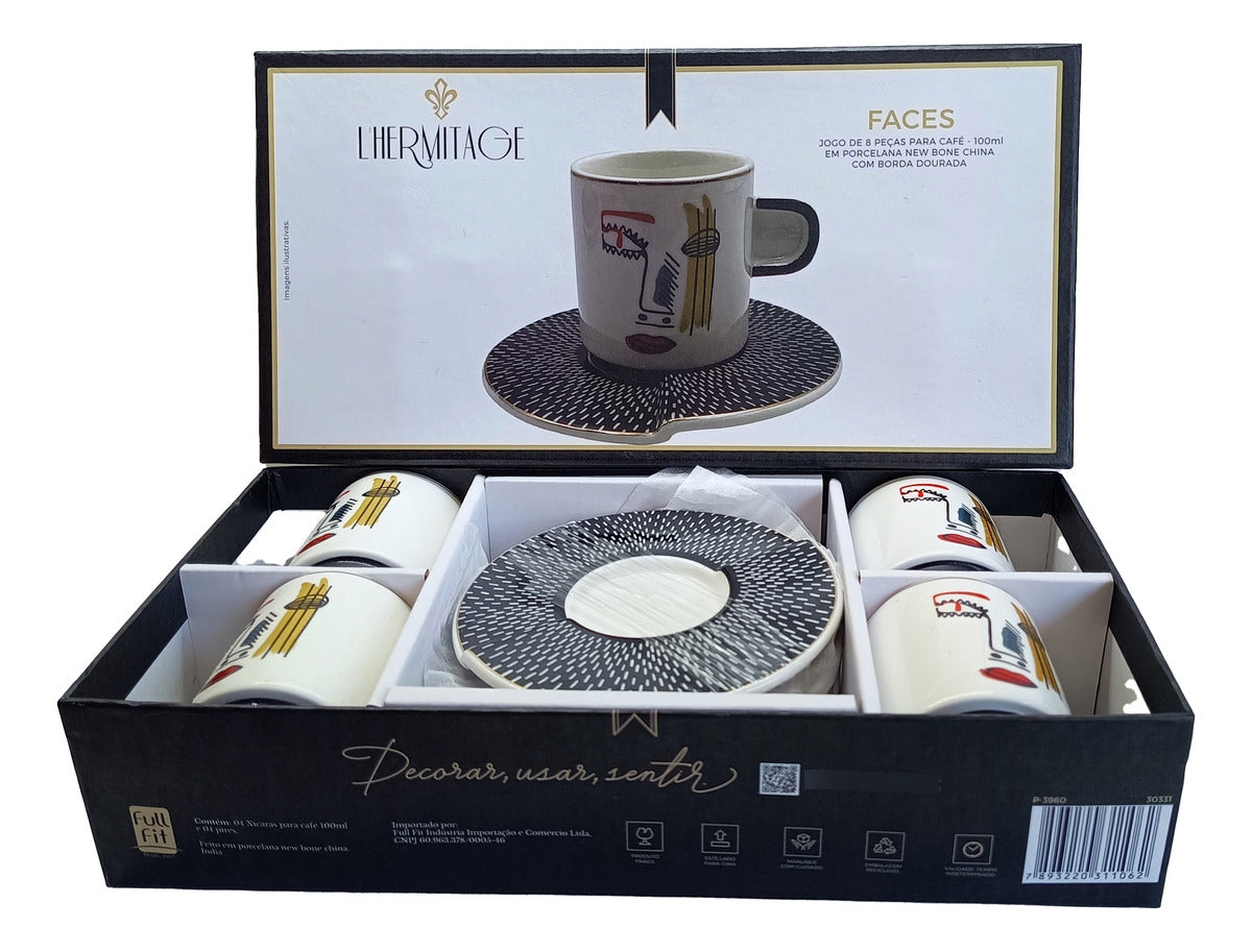 Jogo 4 Xícaras Café com Pires Porcelana Faces Branco L’Hermitage