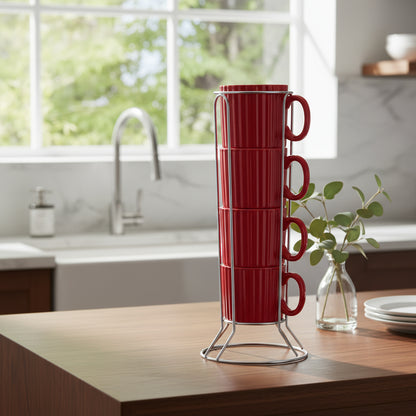 Jogo 4 Xícaras Chá e Café Porcelana Vermelho com Suporte – L’Hermitage