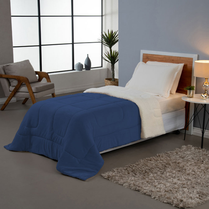 Coberdrom Solteiro Azul Marinho Dupla Face em Manta Soft com Sherpa Carneiro