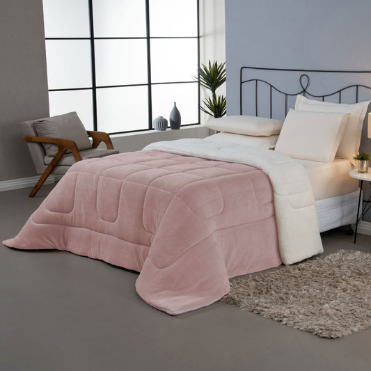 Coberdrom Casal Rosa Dupla Face em Manta Soft com Sherpa Carneiro