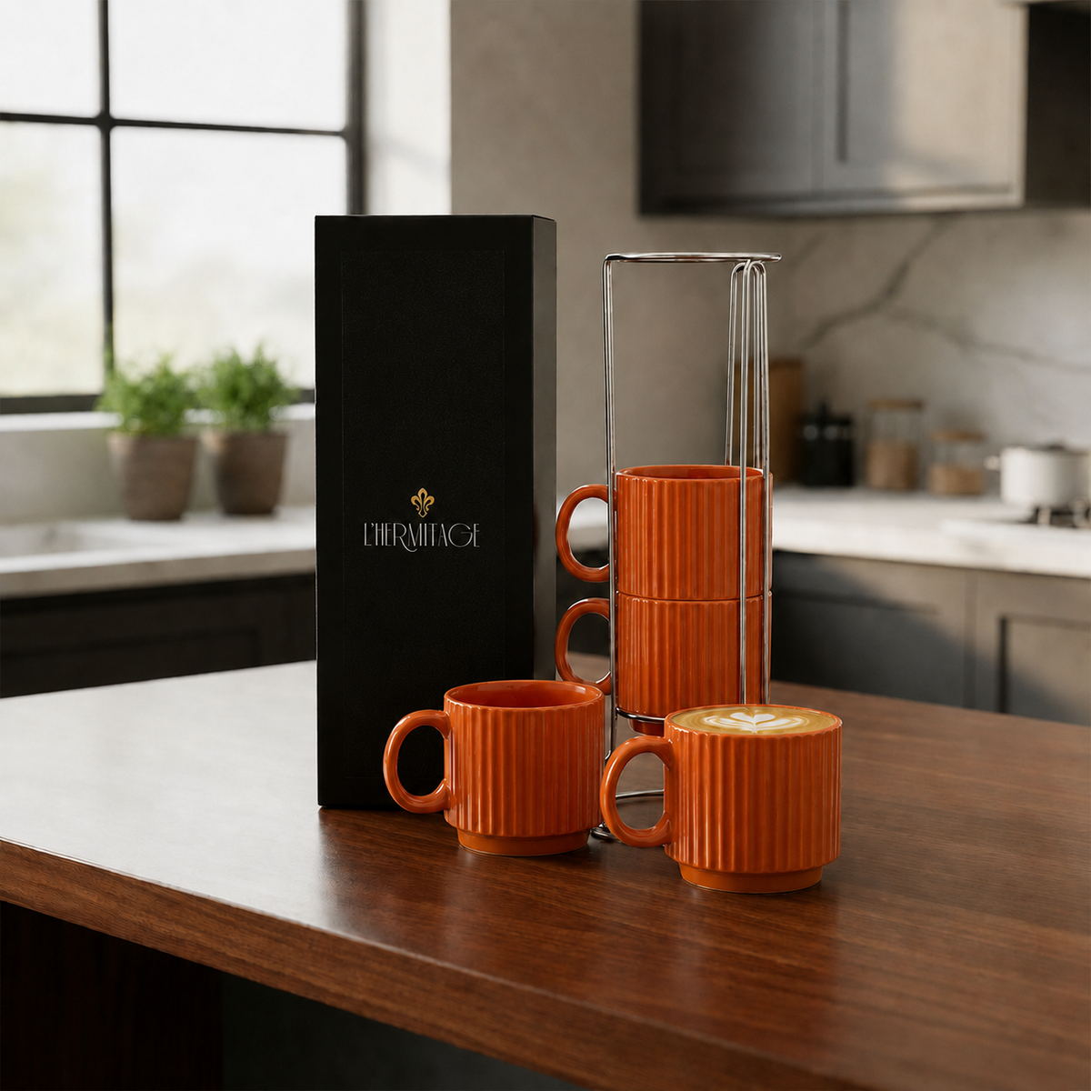 Jogo de 4 Xícaras Empilháveis em Cerâmica Terracota com Suporte 170ml – L’Hermitage