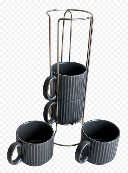 Jogo de 4 Xícaras para Chá e Café em Cerâmica Cinza 170ml com Suporte – L’Hermitage