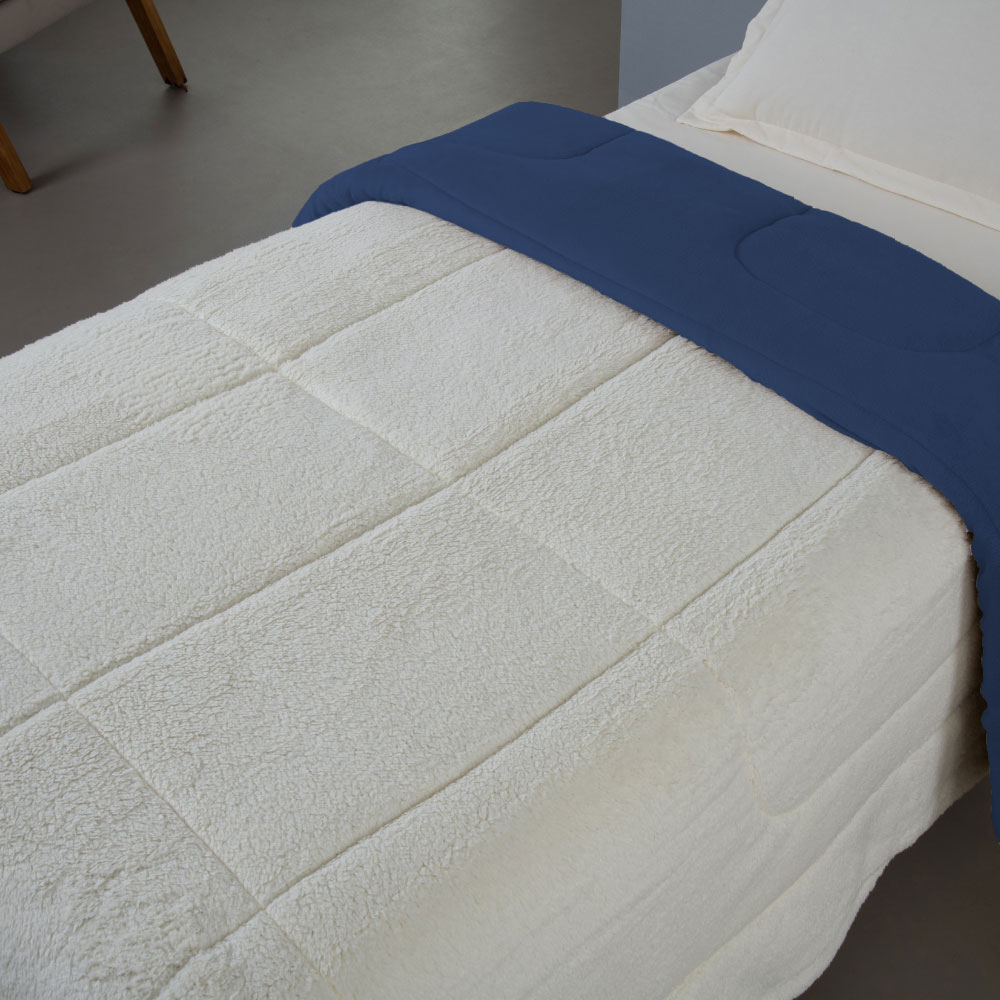Coberdrom Solteiro Azul Marinho Dupla Face em Manta Soft com Sherpa Carneiro