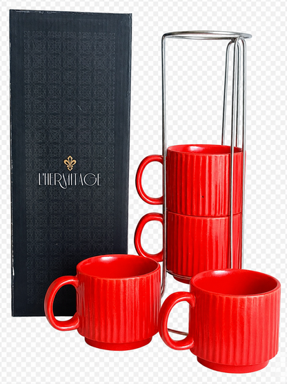 Jogo de 4 Xícaras para Chá e Café em Cerâmica Vermelha 170ml com Suporte – L’Hermitage