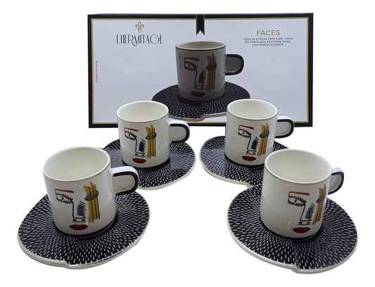 Jogo 4 Xícaras Café com Pires Porcelana Faces Branco L’Hermitage