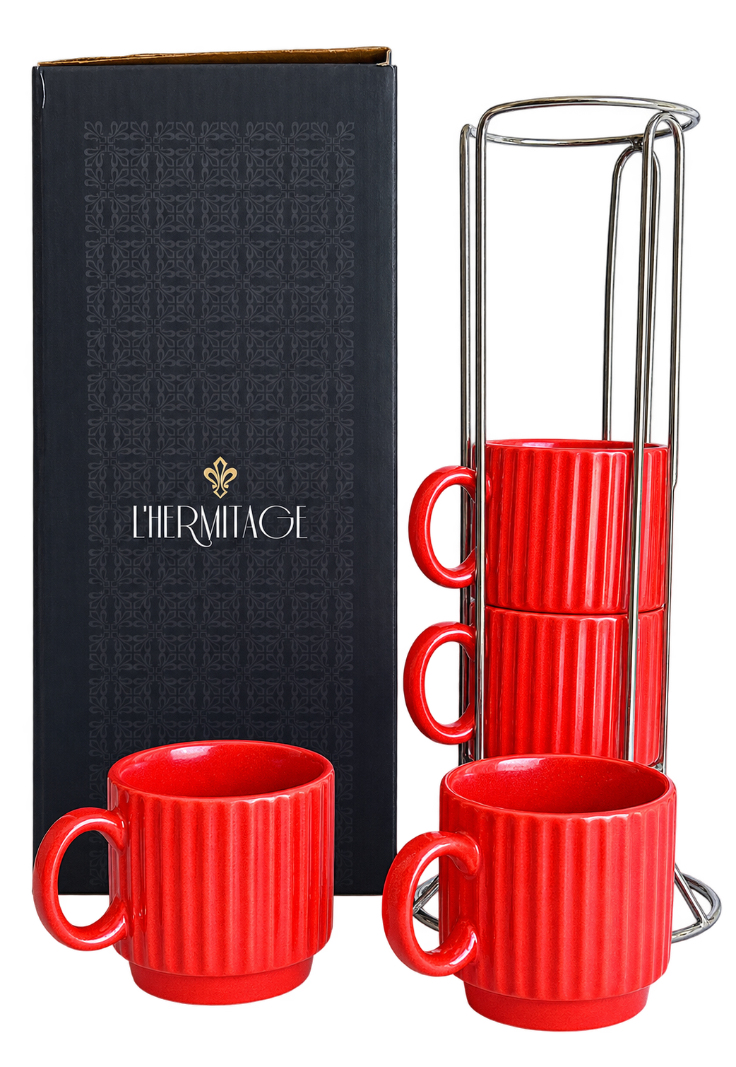 Jogo de 4 Xícaras de Café em Cerâmica Vermelha 80ml com Suporte – L’Hermitage