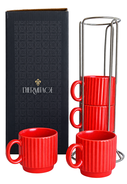 Jogo de 4 Xícaras de Café em Cerâmica Vermelha 80ml com Suporte – L’Hermitage
