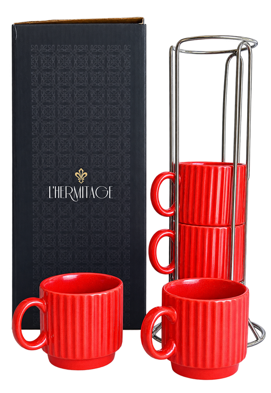 Jogo de 4 Xícaras de Café em Cerâmica Vermelha 80ml com Suporte – L’Hermitage