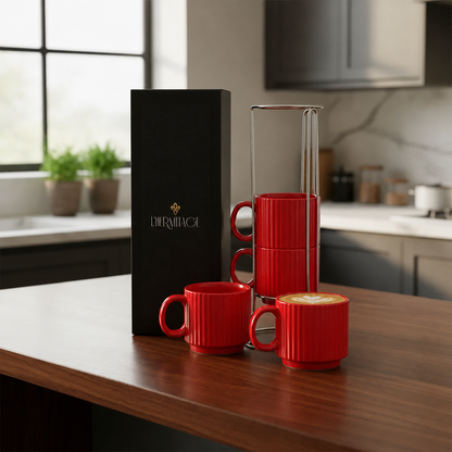 Jogo de 4 Xícaras para Chá e Café em Cerâmica Vermelha 170ml com Suporte – L’Hermitage