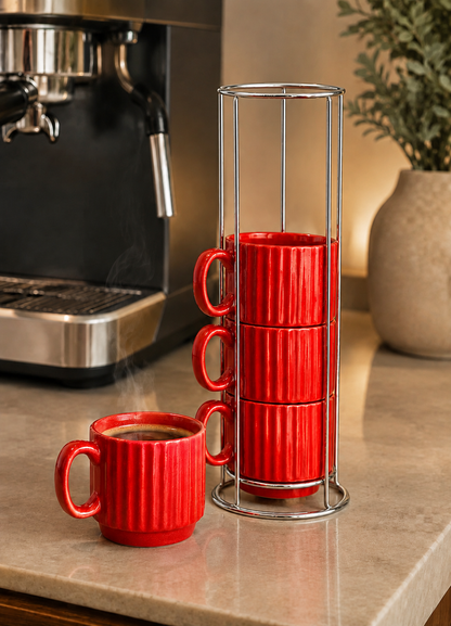 Jogo de 4 Xícaras de Café em Cerâmica Vermelha 80ml com Suporte – L’Hermitage