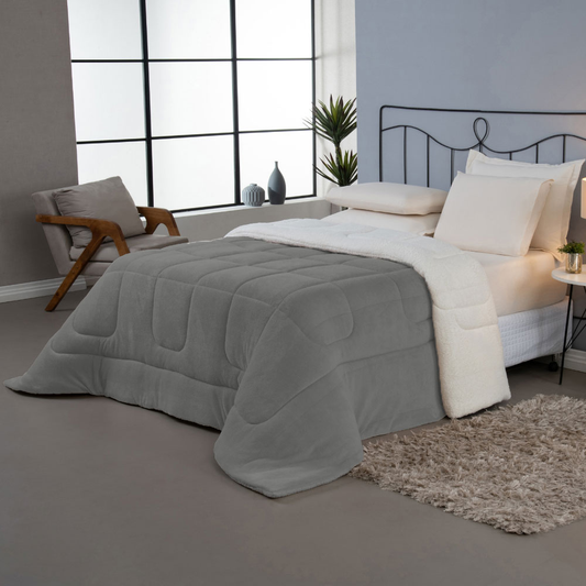 Coberdrom Queen Cinza Dupla Face em Manta Soft com Sherpa Carneiro