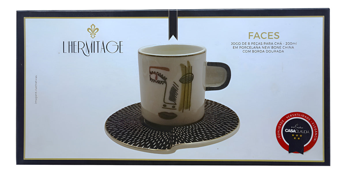 Jogo 4 Xícaras de Chá com Pires em Porcelana Faces Branco L’Hermitage