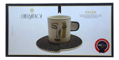 Jogo 4 Xícaras de Chá com Pires em Porcelana Faces Branco L’Hermitage