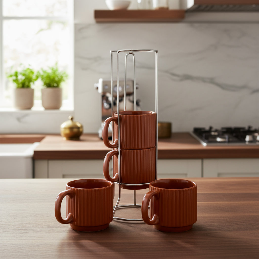 Jogo 4 Xícaras Chá e Café Porcelana Marron com Suporte – L’Hermitage