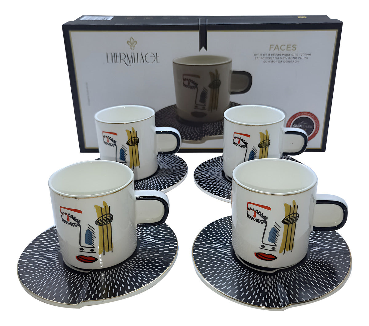 Jogo 4 Xícaras de Chá com Pires em Porcelana Faces Branco L’Hermitage