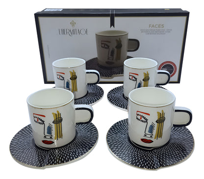 Jogo 4 Xícaras de Chá com Pires em Porcelana Faces Branco L’Hermitage