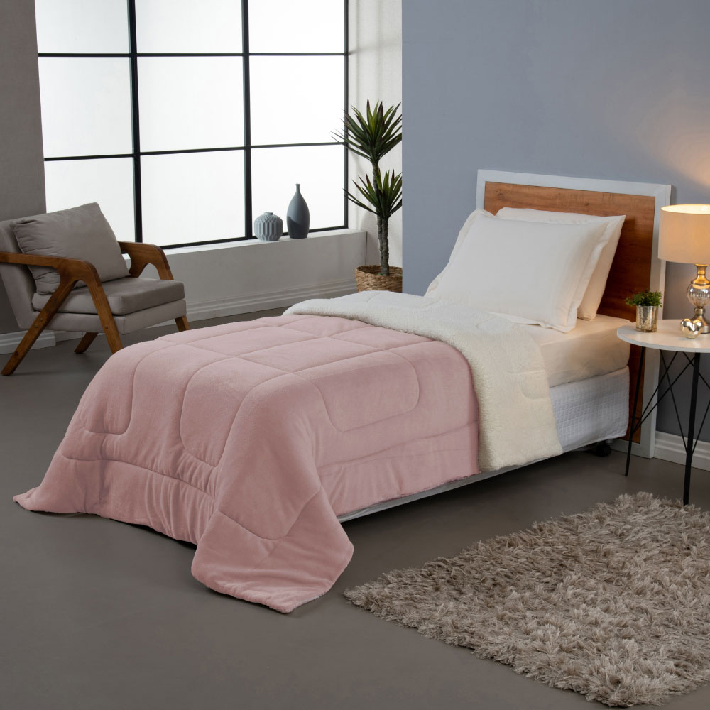 Coberdrom Solteiro Rosa Dupla Face em Manta Soft com Sherpa Carneiro