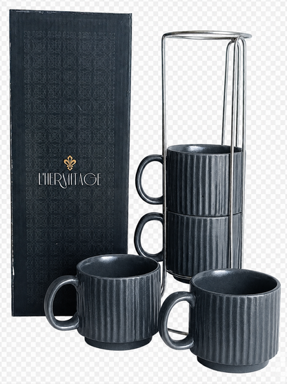 Jogo de 4 Xícaras para Chá e Café em Cerâmica Cinza 170ml com Suporte – L’Hermitage