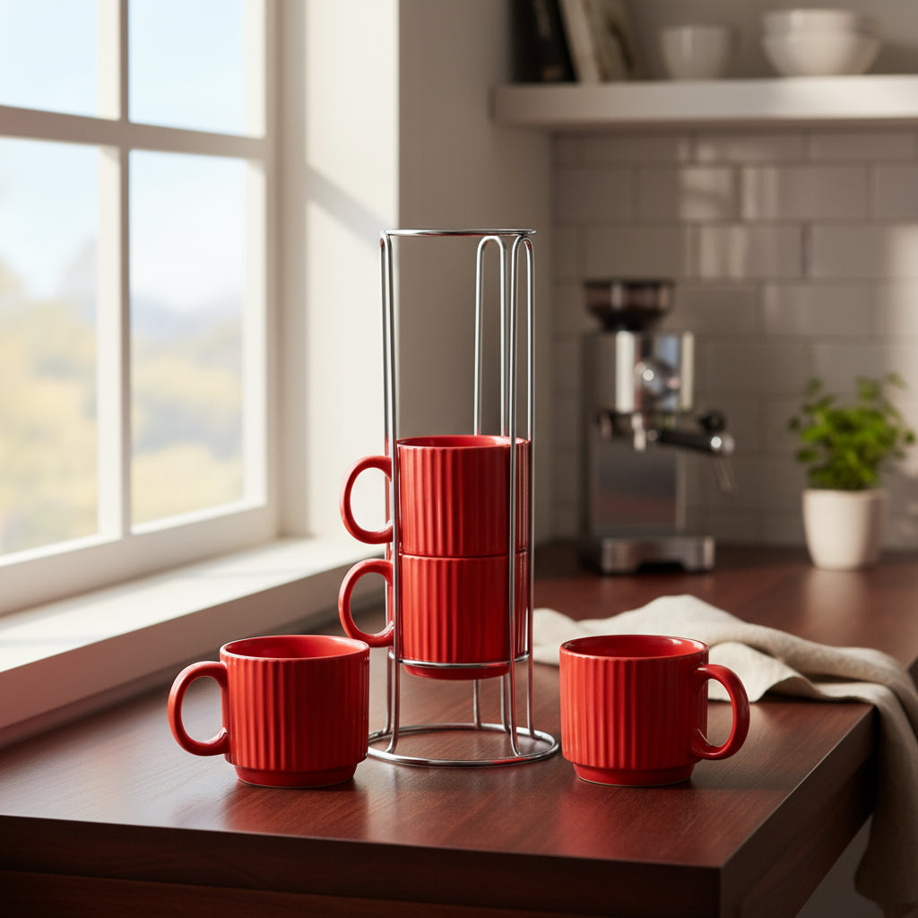 Jogo 4 Xícaras Chá e Café Porcelana Vermelho com Suporte – L’Hermitage