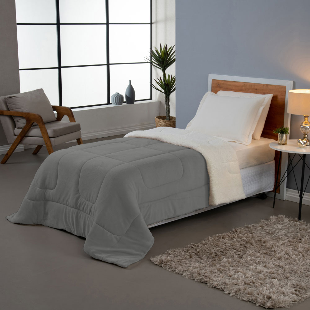 Coberdrom Solteiro Cinza Dupla Face em Manta Soft com Sherpa Carneiro