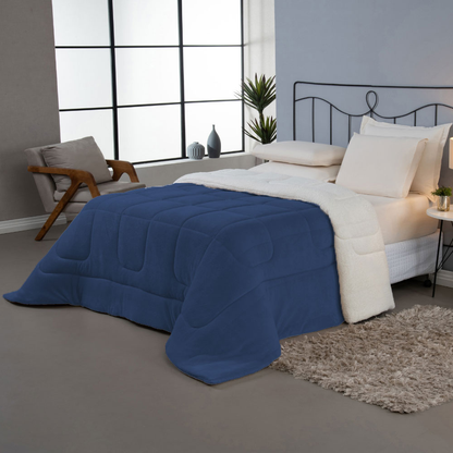 Coberdrom Queen Azul Marinho Dupla Face em Manta Soft com Sherpa Carneiro